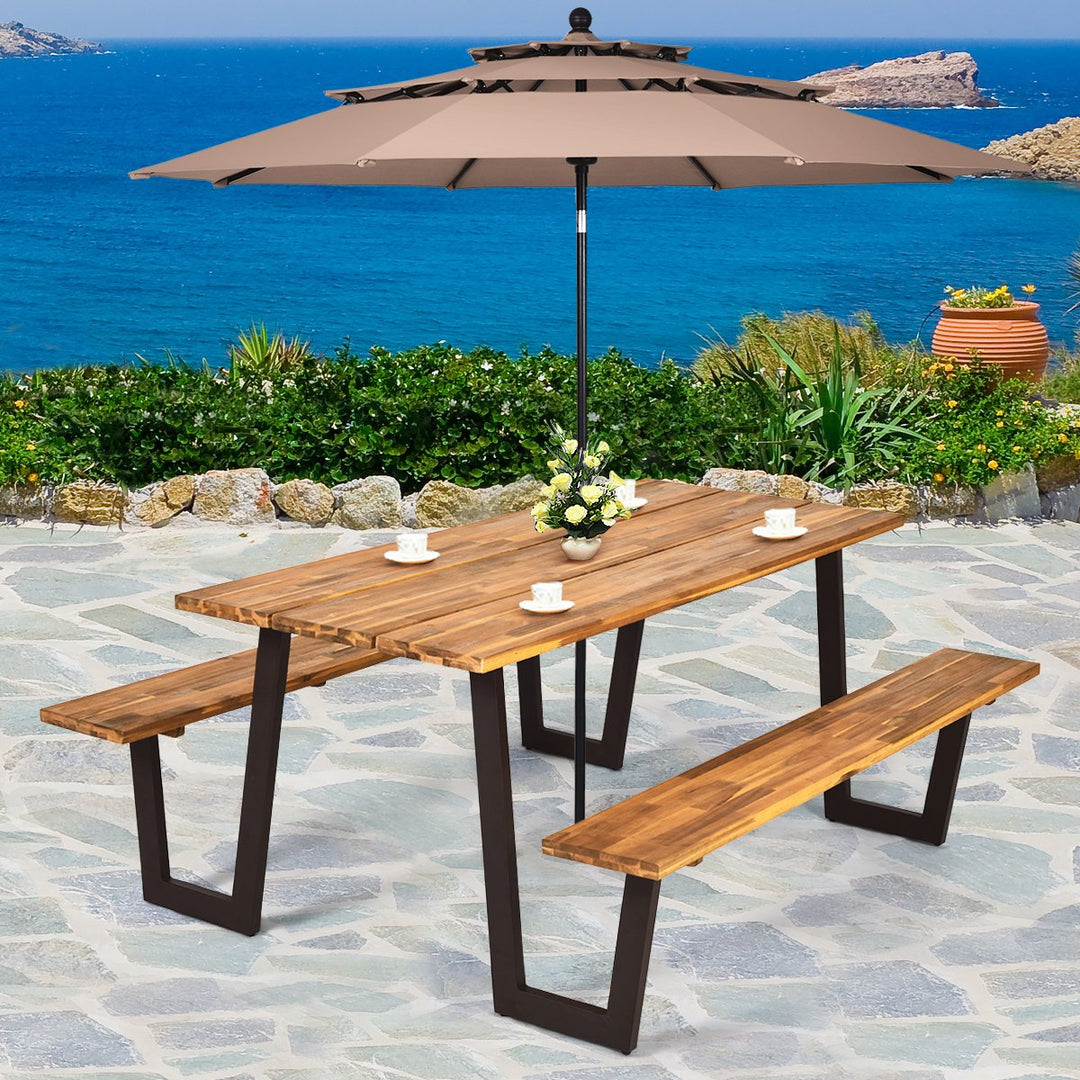 Picnic Table with 2 Benches 70 Dining Table Set with Seats and Umbrella Hole Image 4