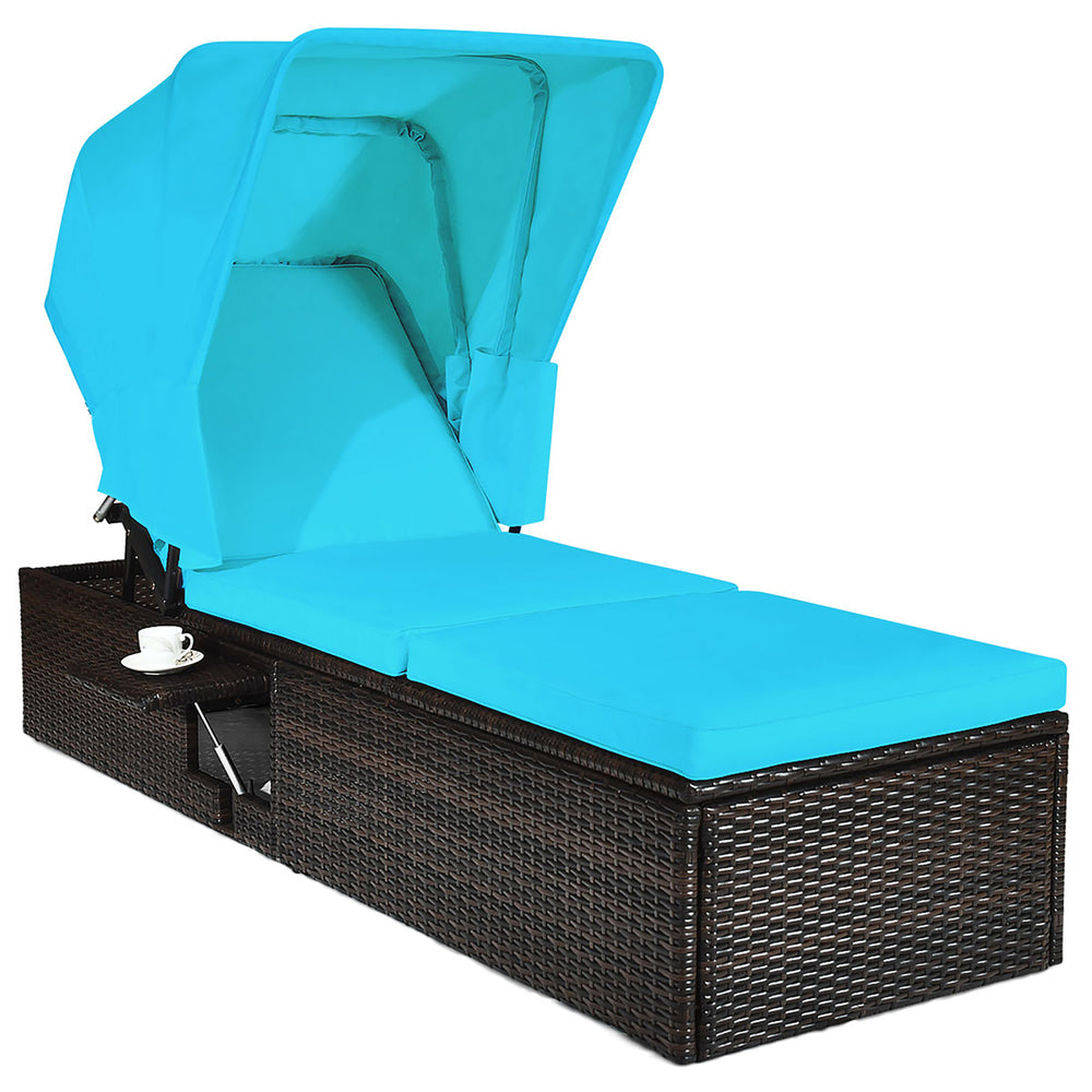 Patio Rattan Lounge Chair Chaise Cushioned Top Canopy Adjustable Turquoise Image 2