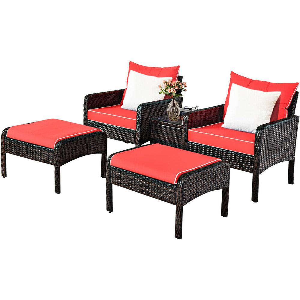 5 PCS Patio Rattan Furniture Set Sofa Ottoman Table Cushioned Yard Red Image 2