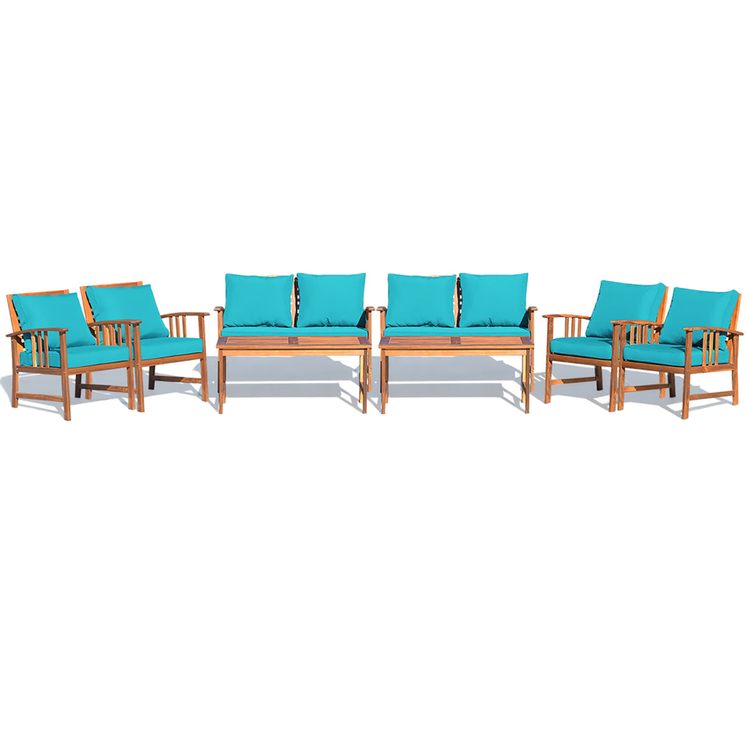 8PCS Wooden Patio Furniture Set Table Sofa Chair Cushioned Garden Turquoise Image 2