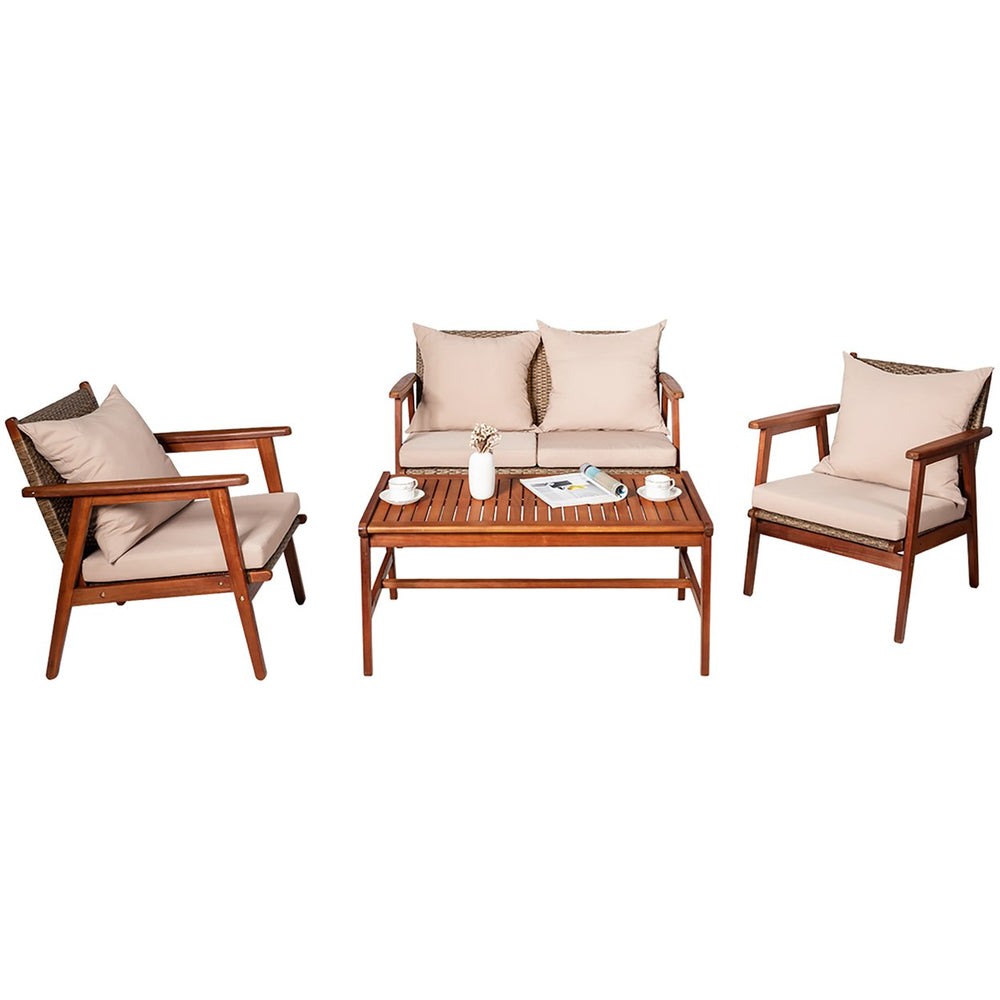 4PCS Outdoor Rattan Furniture Set Acacia Wood Table Cushioned Sofa Chair Garden Image 2