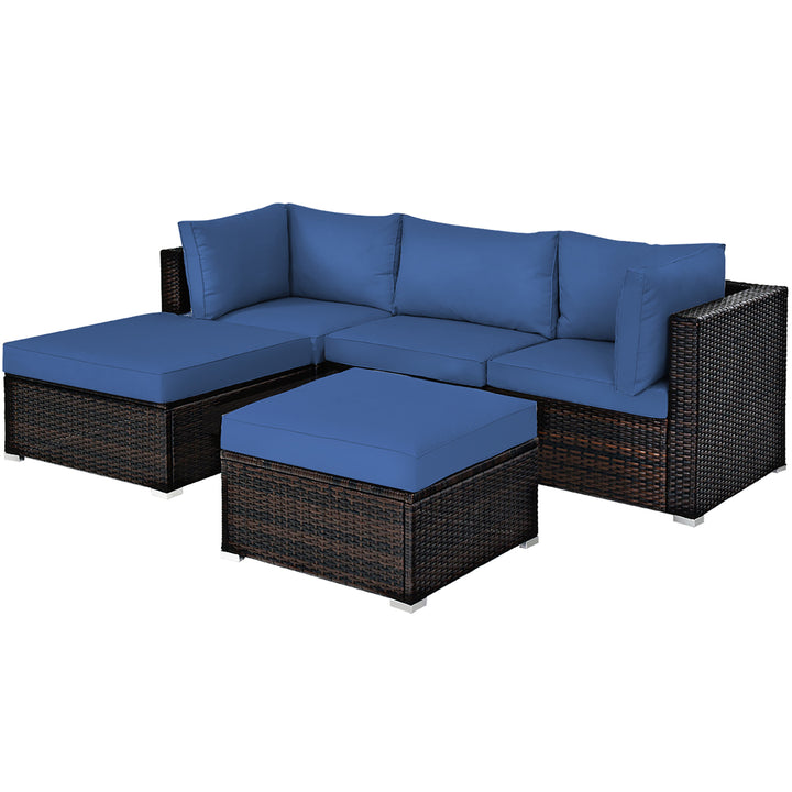 5PCS Patio Rattan Furniture Set Sectional Conversation Set Ottoman Table Navy Image 3