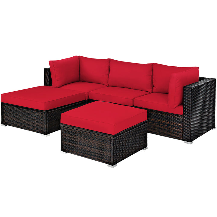 5PCS Patio Rattan Furniture Set Sectional Conversation Set Ottoman Table Red Image 3