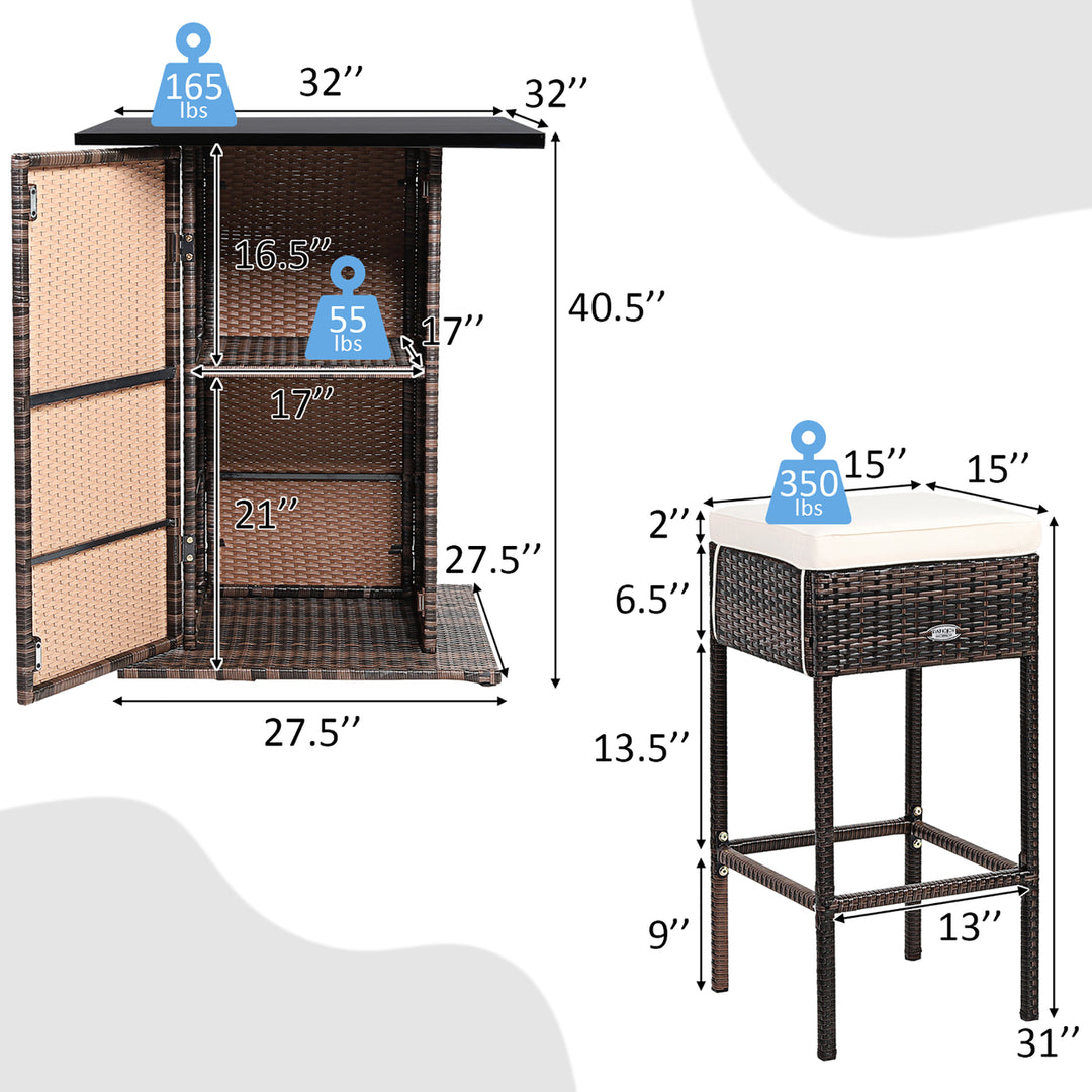 5PCS Patio Rattan Bar Table Stool Set Hidden Storage Shelf Cushioned Image 2