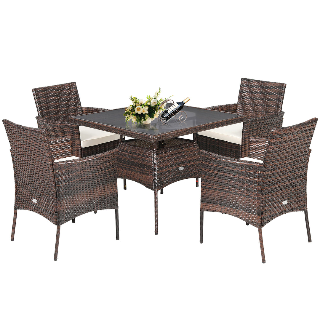 5PCS Patio Rattan Dining Furniture Set Armrest Sofa Chair Glass Table Image 3