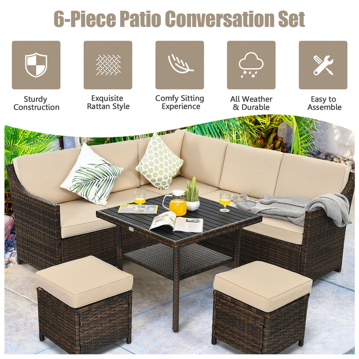 6PCS Patio Rattan Dining Sofa Furniture Set Ottoman Table Lower Shelf Image 3