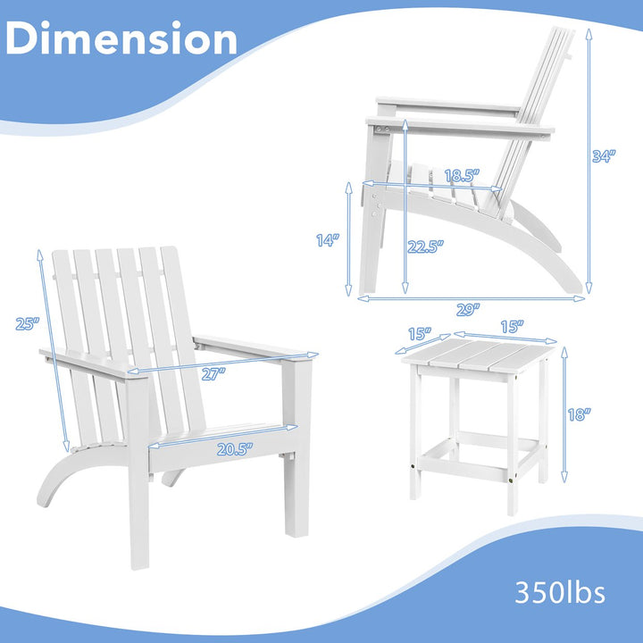 3PCS Patio Adirondack Chair Side Table Set Solid Wood Garden Deck White Image 4