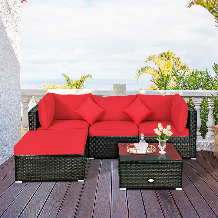 5PCS Outdoor Patio Furniture Set Sectional Conversation W/Red Cushions Image 4