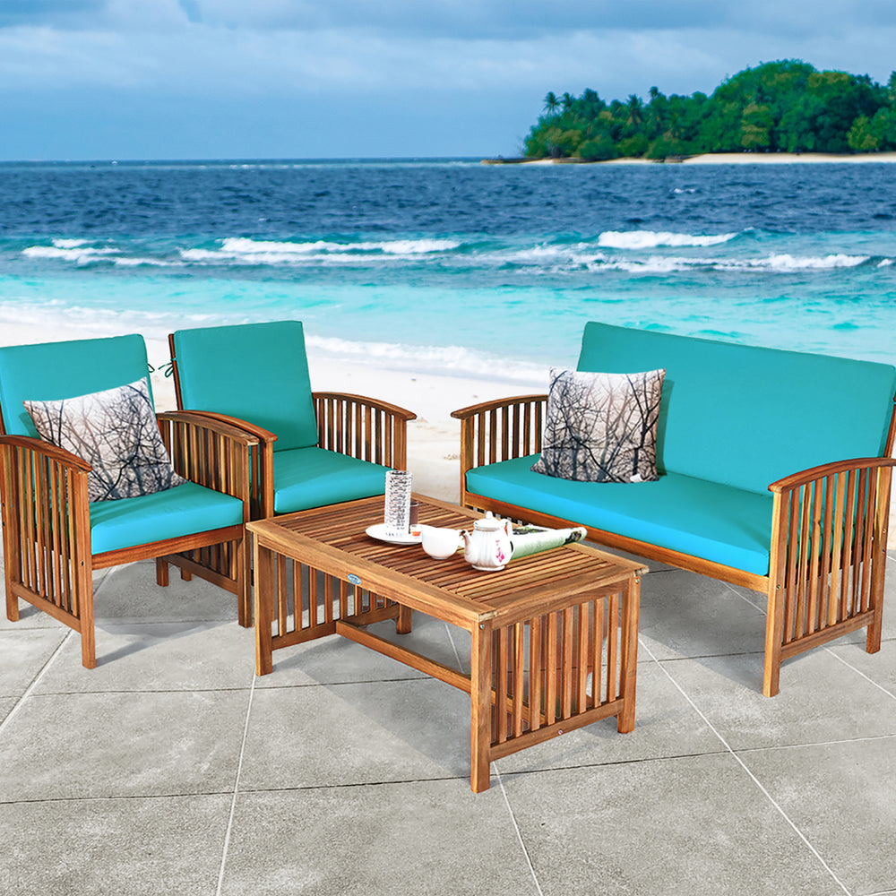 4PCS Patio Solid Wood Furniture Set Conversation Coffee Table TurquoiseBlack Cushion Image 2