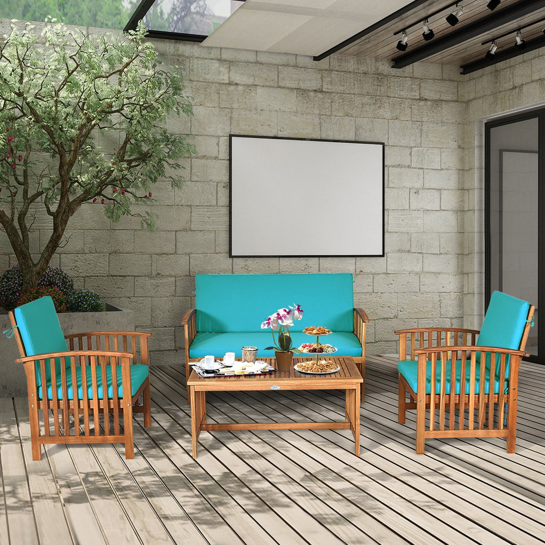 4PCS Patio Solid Wood Furniture Set Conversation Coffee Table TurquoiseBlack Cushion Image 1