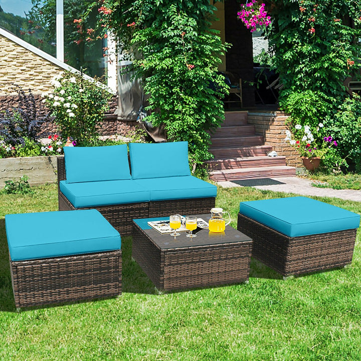 Costway 5PCS Patio Rattan Wicker Furniture Set Armless Sofa Cushioned Red/Turquoise Image 1