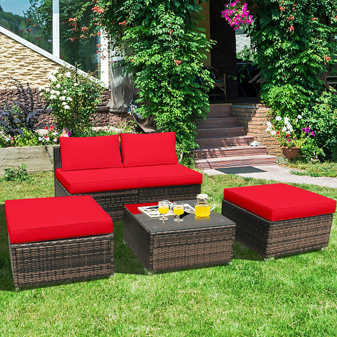 Costway 5PCS Patio Rattan Wicker Furniture Set Armless Sofa Cushioned Red/Turquoise Image 3