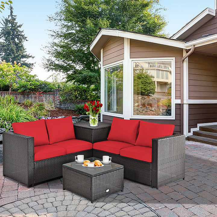 Costway 4PCS Outdoor Patio Rattan Furniture Set Cushioned Loveseat Storage Table Red\Turquoise Image 2