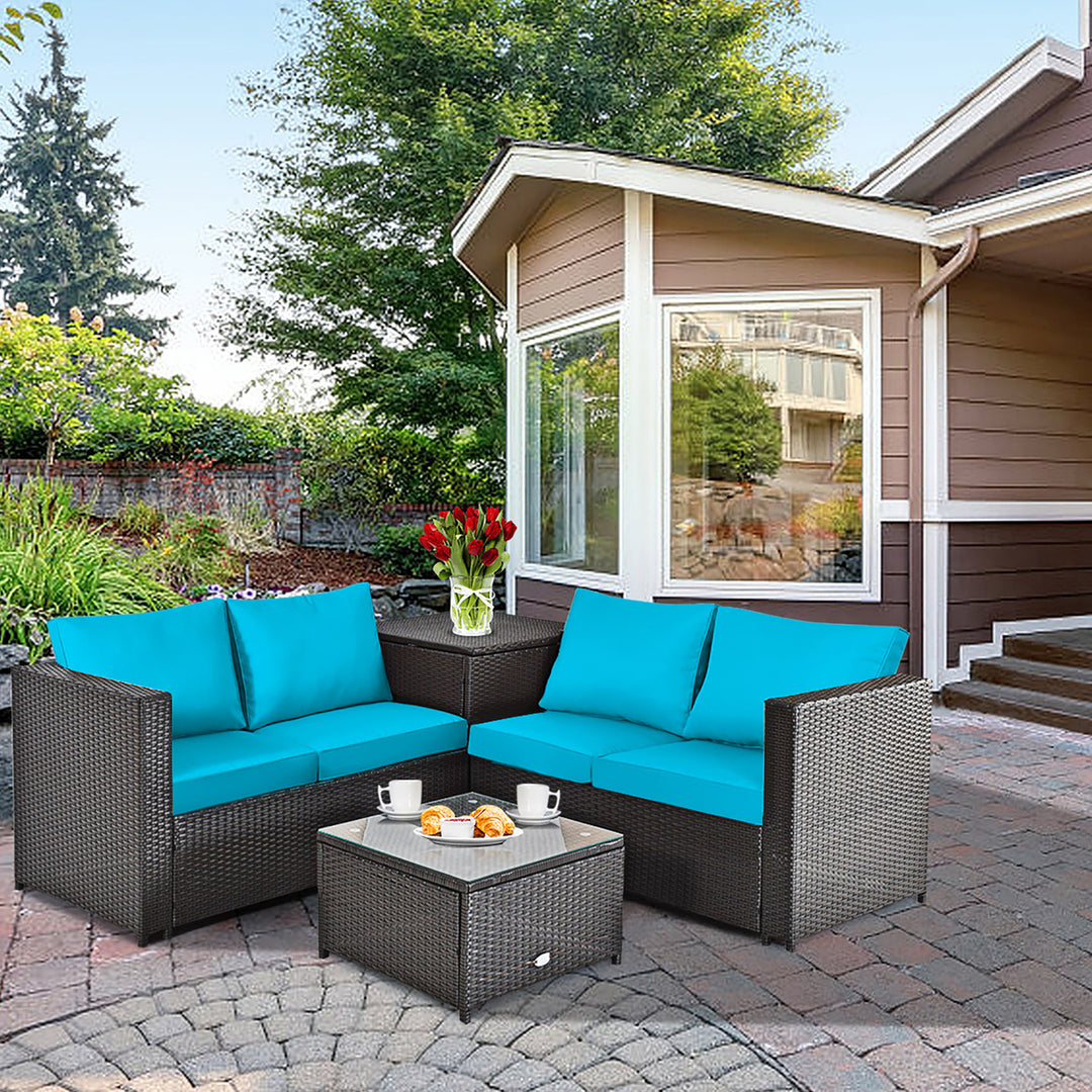 Costway 4PCS Outdoor Patio Rattan Furniture Set Cushioned Loveseat Storage Table Red\Turquoise Image 3