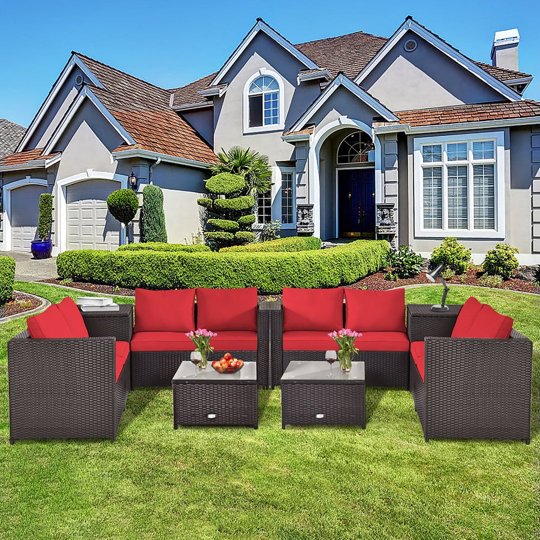 Costway 8PCS Outdoor Patio Rattan Furniture Set Cushioned Loveseat Storage Table Red\Navy Image 1