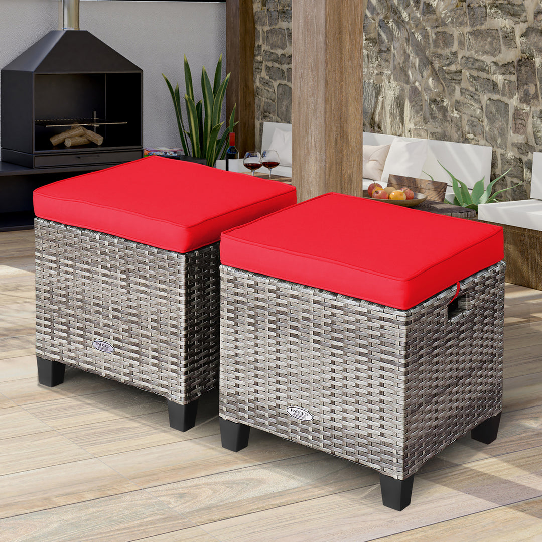 Costway 2PCS Patio Rattan Cushioned Ottoman Seat Foot Rest Table Image 4