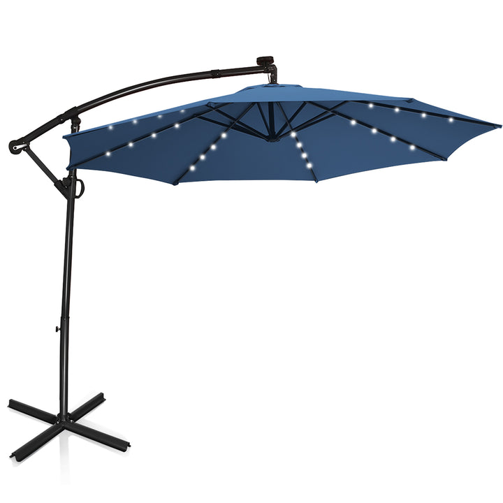 10FT Patio Offset Umbrella Solar Powered LED 360Degree Rotation Aluminum Blue Image 2