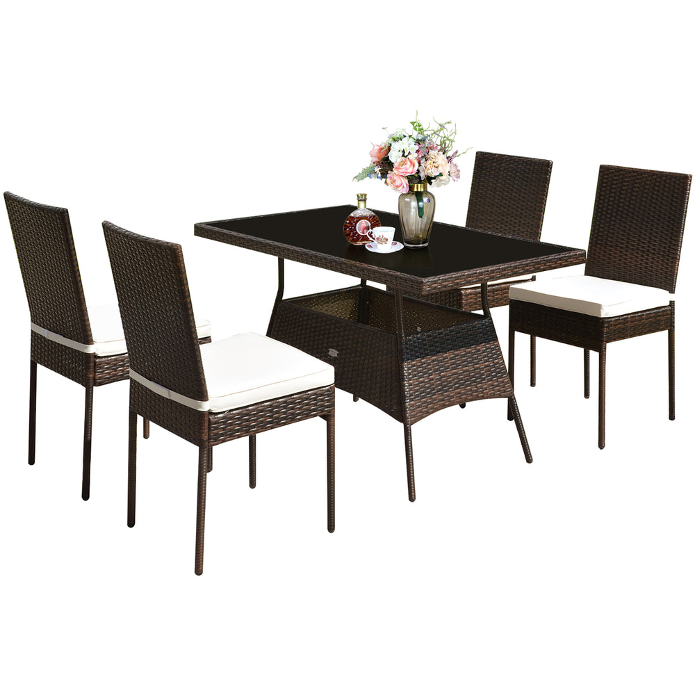 5 PCS Patio Rattan Dining Set Glass Table High Back Chair Garden Deck Mix Brown Image 2