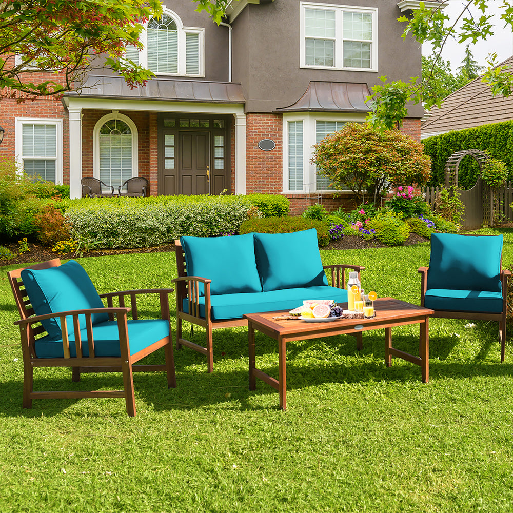 4PCS Wooden Patio Furniture Set Table Sofa Chair Cushioned Garden Turquoise Image 2