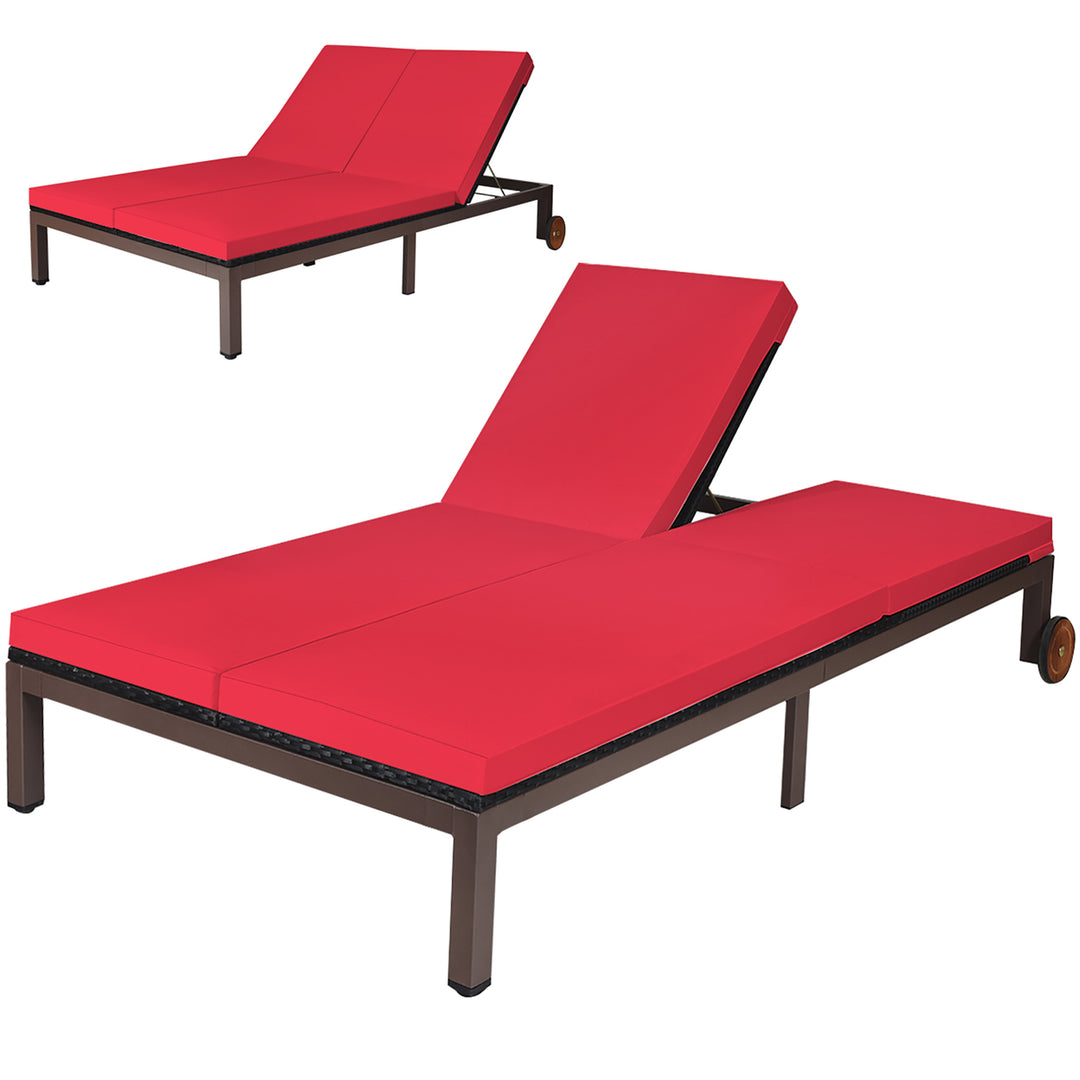 2-Person Patio Rattan Lounge chair Chaise Recliner Adjustable Cushioned Red Image 2