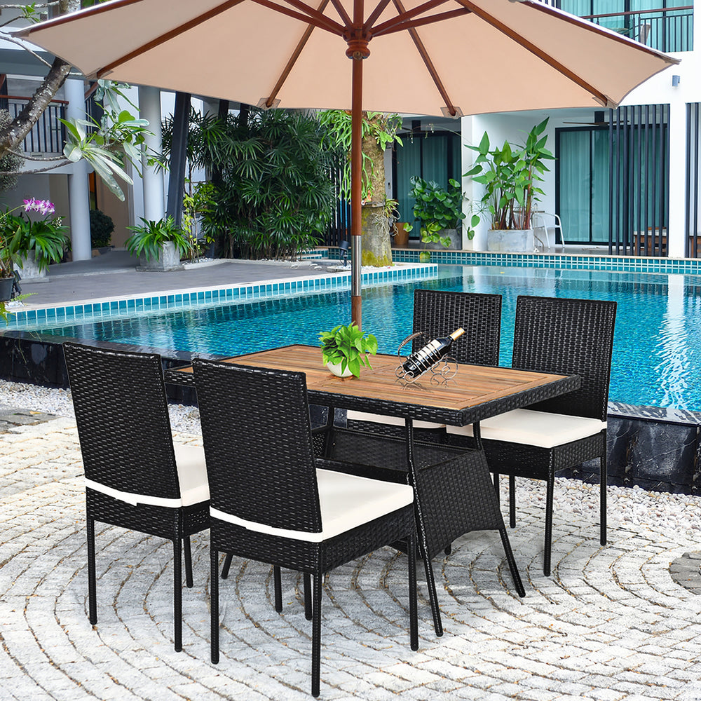 5 PCS Patio Rattan Furniture Set Wood Top Table Cushioned Chairs Garden Yard Deck Image 2