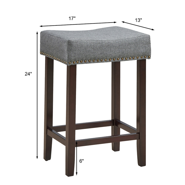 Set of 4 Rubber Wood Nailhead Saddle Bar Stools 24 Height W/ Fabric Seat and Wood Legs Beige\Gray Image 2