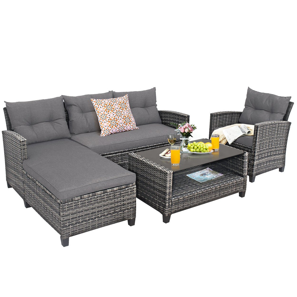 4PCS Patio Rattan Furniture Set Cushioned Loveseat Table Shelf Gray Image 2