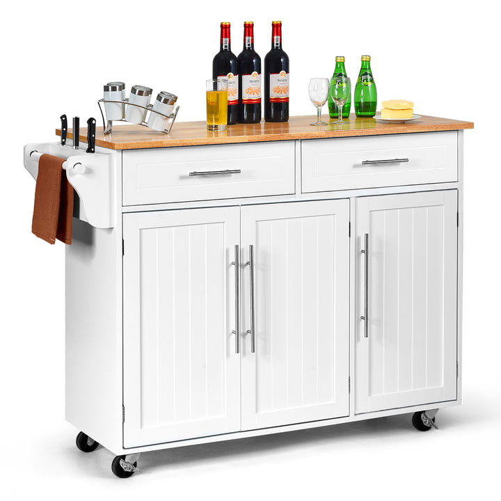 Costway Kitchen Island Trolley Cart Wood Top Rolling Storage Cabinet w/Knife Block WhiteBrown Image 4