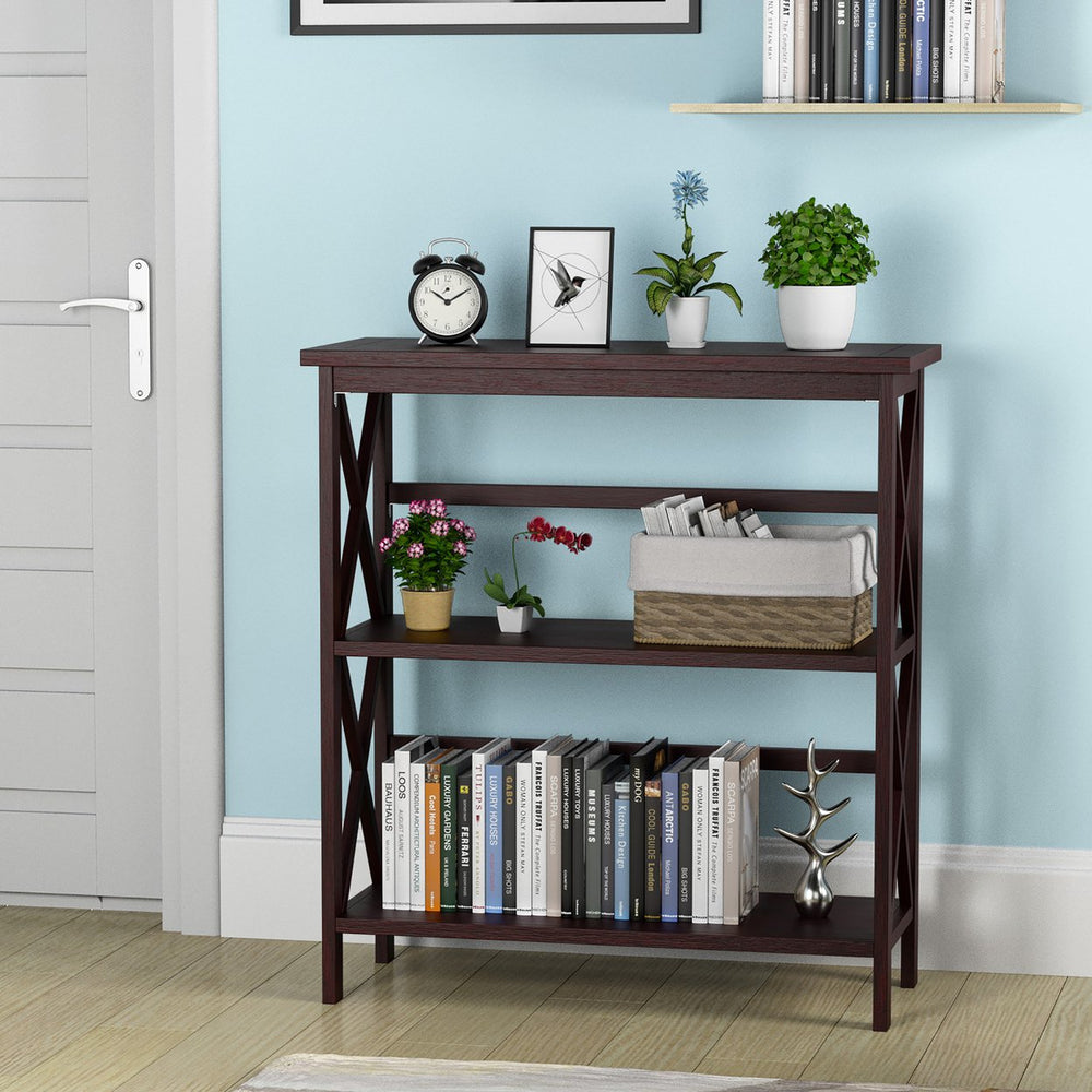 Costway 3-Tier Bookshelf Wooden Open Storage Bookcase for Home Office White\Black\Coffee\Natural Image 2