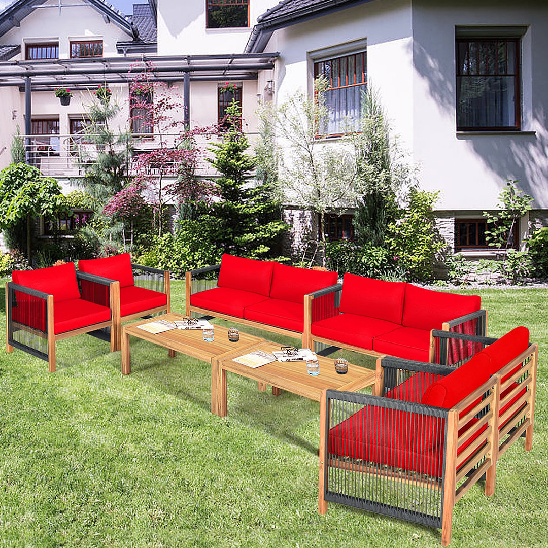 Costway 8PCS Wooden Patio Furniture Set Cushioned Sofa W/Rope Armrest White\Turquoise\Red Image 1