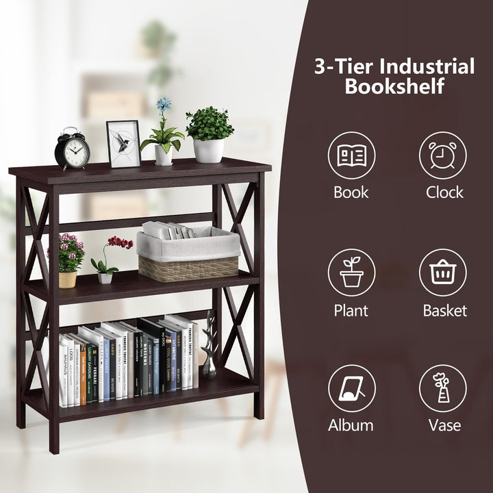 Costway 3-Tier Bookshelf Wooden Open Storage Bookcase for Home Office White\Black\Coffee\Natural Image 4