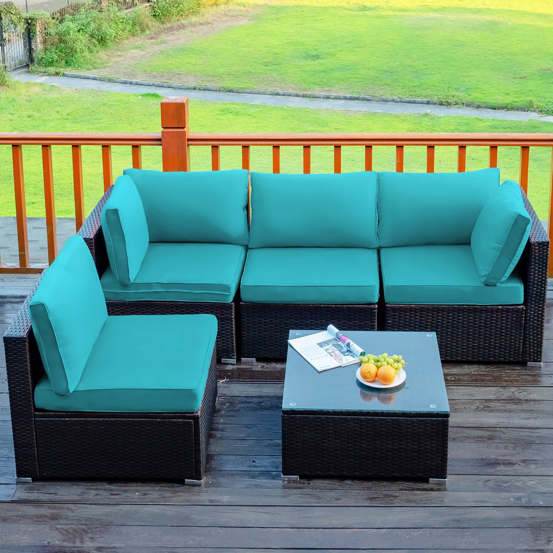 Costway 5PCS Patio Rattan Furniture Set Cushioned Sofa and Chair Coffee Table Image 1