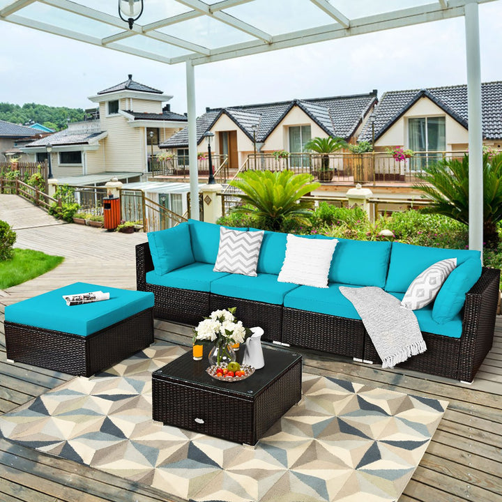 Costway 6PCS Outdoor Patio Rattan Furniture Set Cushioned Sectional Sofa Navy\Black\Turquoise Image 1