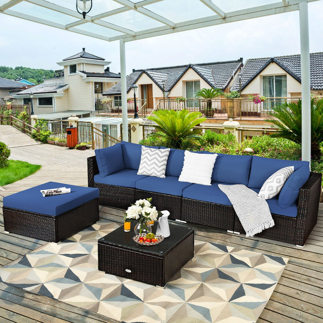 Costway 6PCS Outdoor Patio Rattan Furniture Set Cushioned Sectional Sofa Navy\Black\Turquoise Image 1