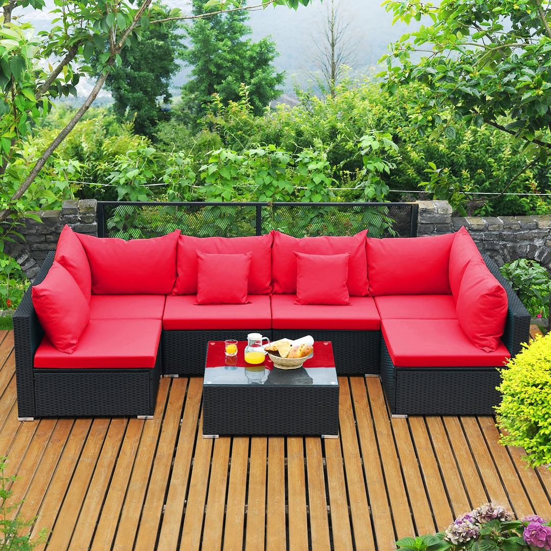 7PCS Patio Rattan Sofa Set Sectional Conversation Furniture Set Garden BeigeNavy Image 1