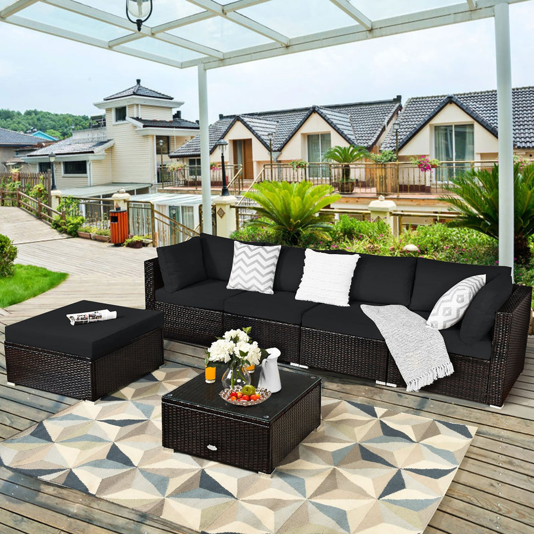 Costway 6PCS Outdoor Patio Rattan Furniture Set Cushioned Sectional Sofa Navy\Black\Turquoise Image 1