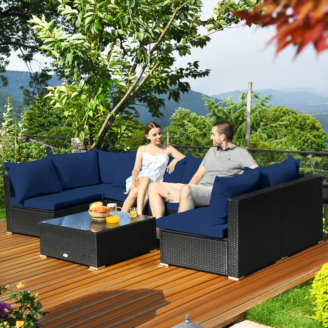 7PCS Patio Rattan Sofa Set Sectional Conversation Furniture Set Garden BeigeNavy Image 5