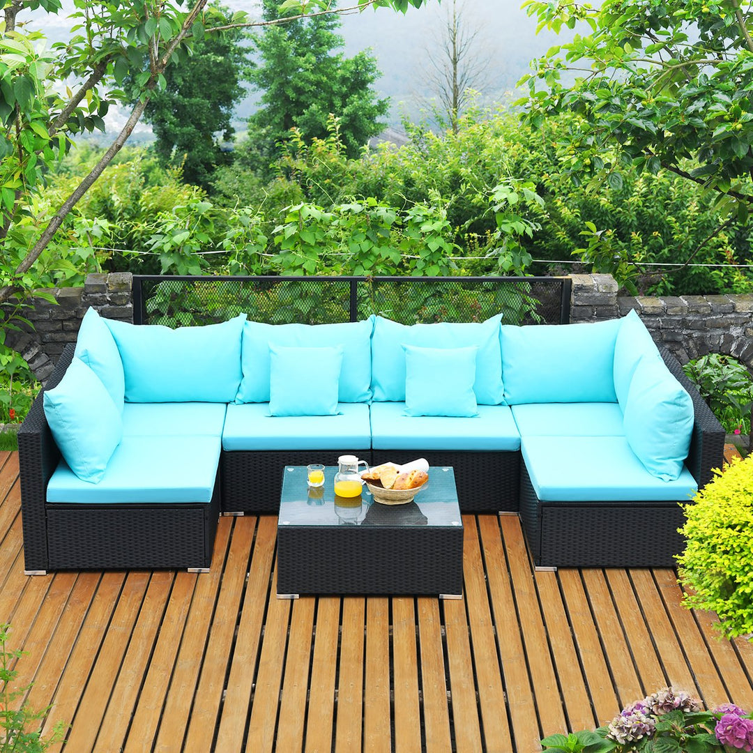 7PCS Patio Rattan Sofa Set Sectional Conversation Furniture Set Garden BeigeNavy Image 1