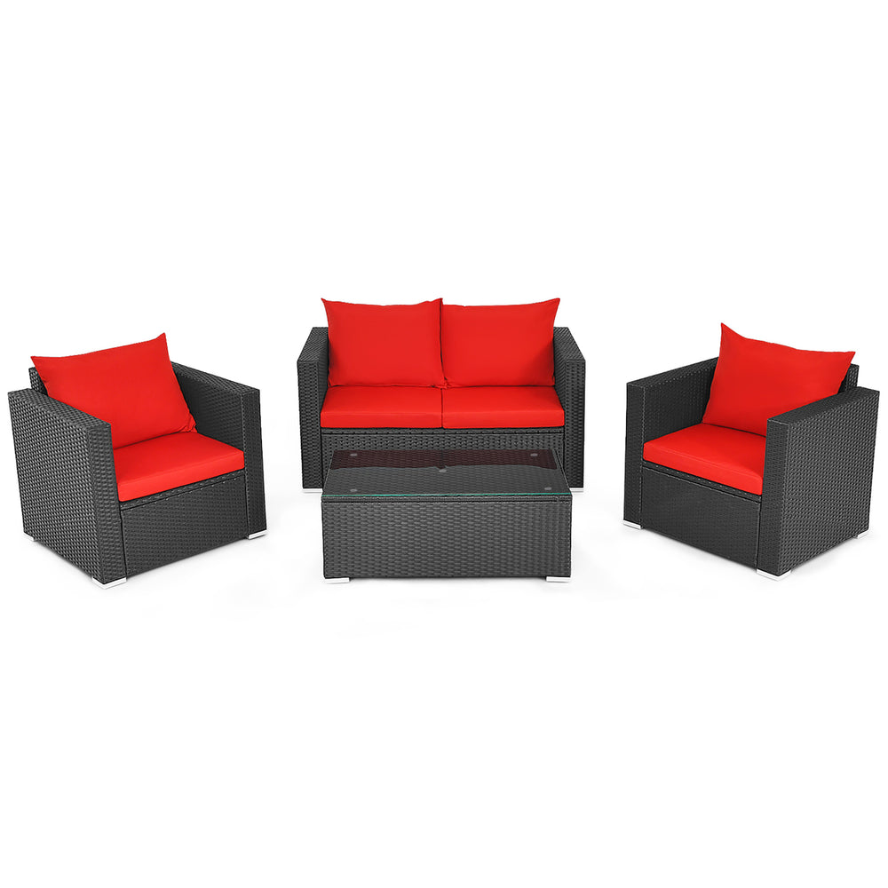 4PCS Patio Rattan Furniture Set Cushioned Sofa Chair Coffee Table Garden Red Image 2