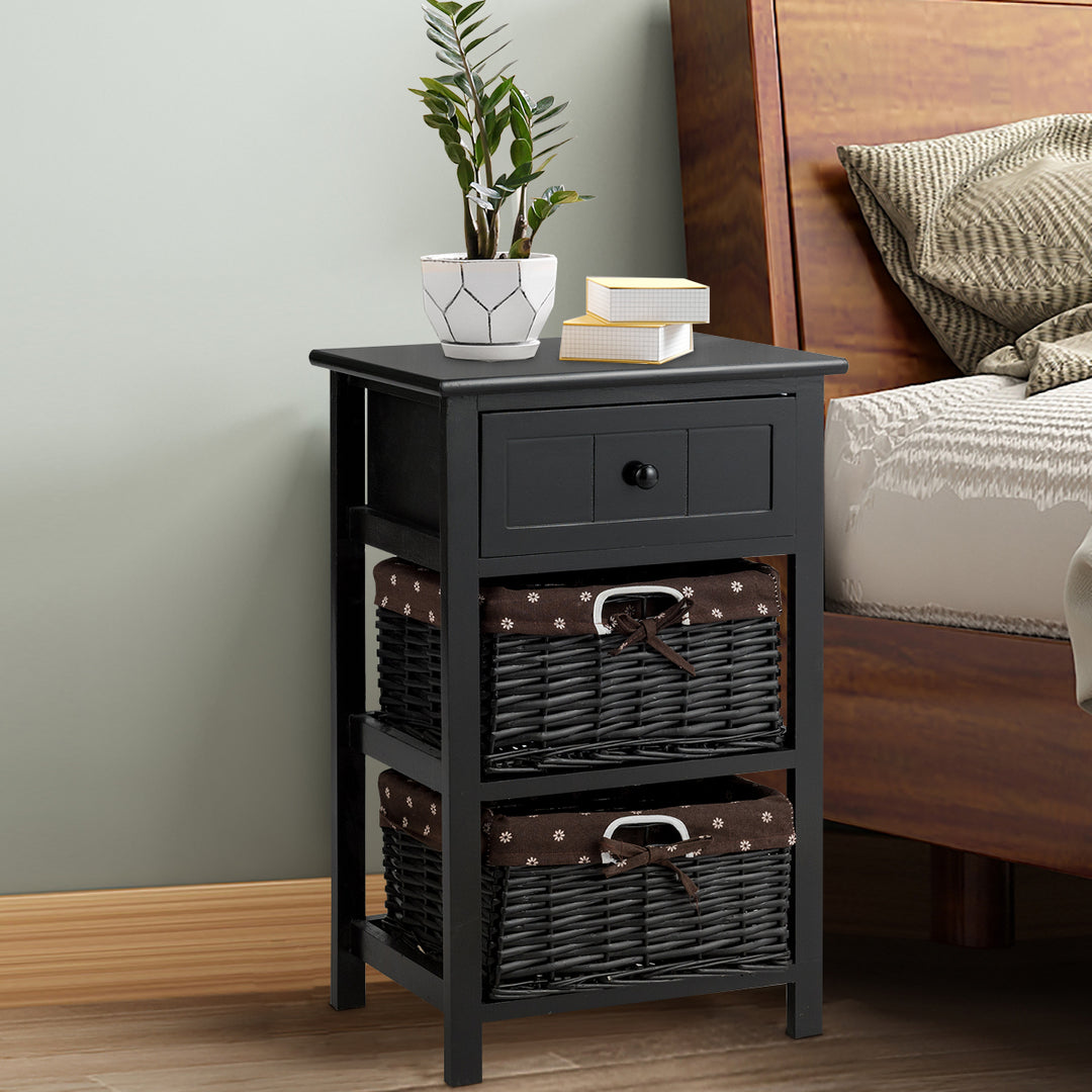 Night Stand 3 Layer 1 Drawer Bedside End Table Organizer Wood W/2 Basket Black Image 4