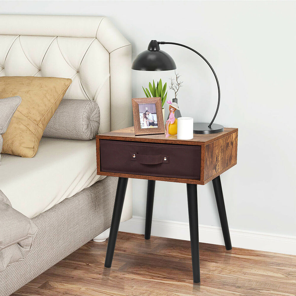 Mid-Century Accent Bedside Table W/ Fabric Drawer Rustic Brown Image 2