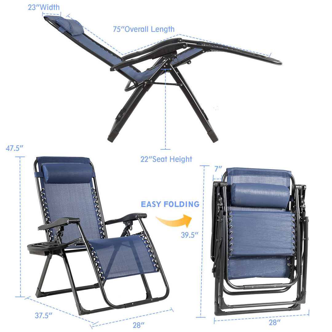 2PC Zero Gravity Chair Oversize Lounge Patio Heavy Duty Folding Recliner Blue Image 7