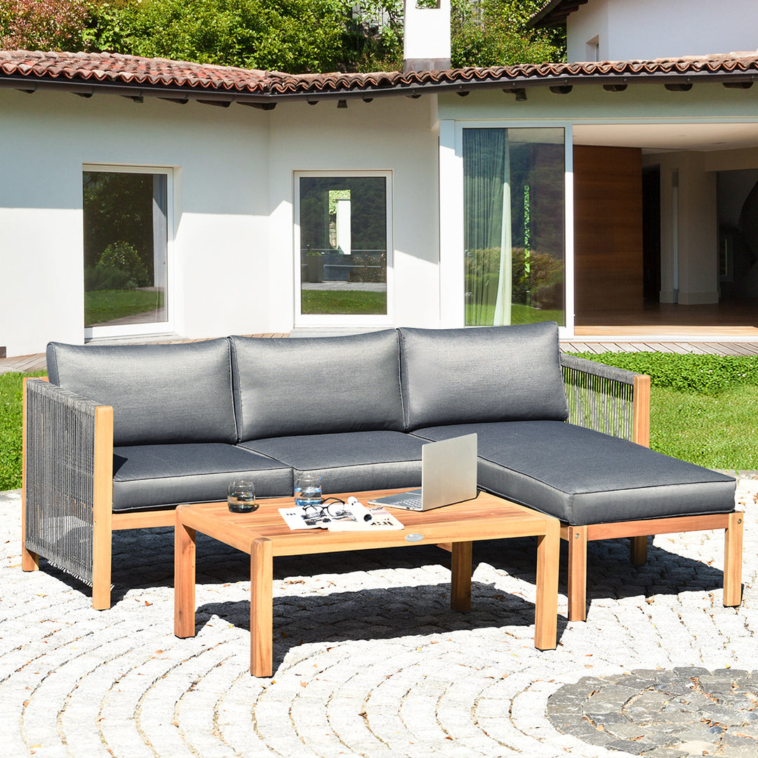 3PCS Patio Sofa Furniture Set Thick Cushion Acacia Wood Image 3