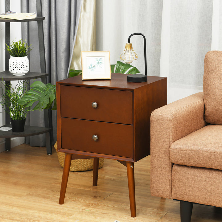 Nightstand Mid-Century End Side Table 2 Drawers Rubber Wood Legs Living Room Image 2