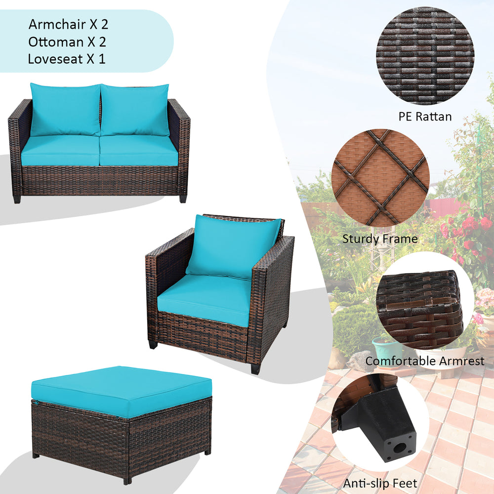 Costway 5PCS Patio Rattan Furniture Set Loveseat Sofa Ottoman Cushioned Red\White Image 2