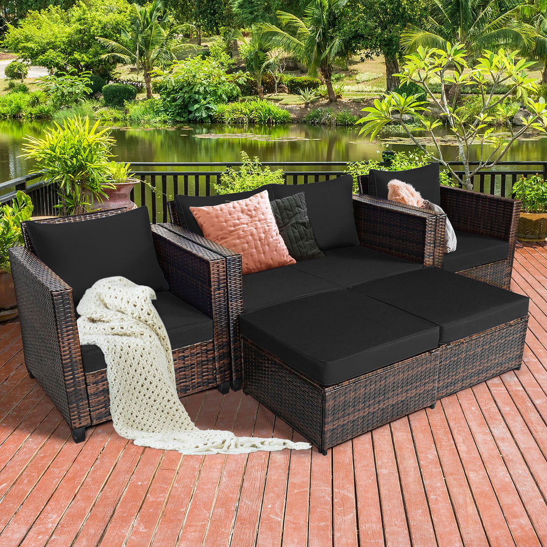 Costway 5PCS Patio Rattan Furniture Set Loveseat Sofa Ottoman Cushioned Red\White Image 1