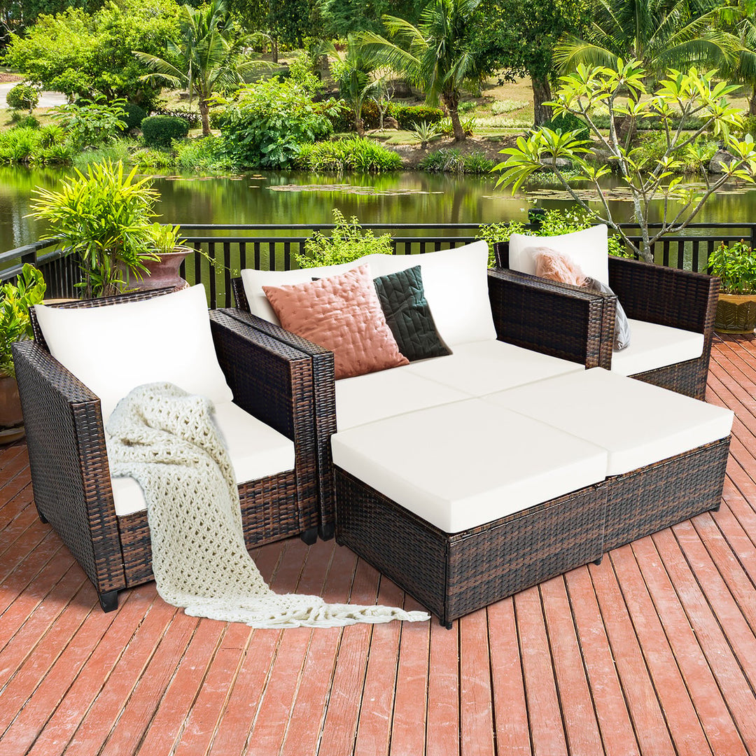 Costway 5PCS Patio Rattan Furniture Set Loveseat Sofa Ottoman Cushioned Red\White Image 1