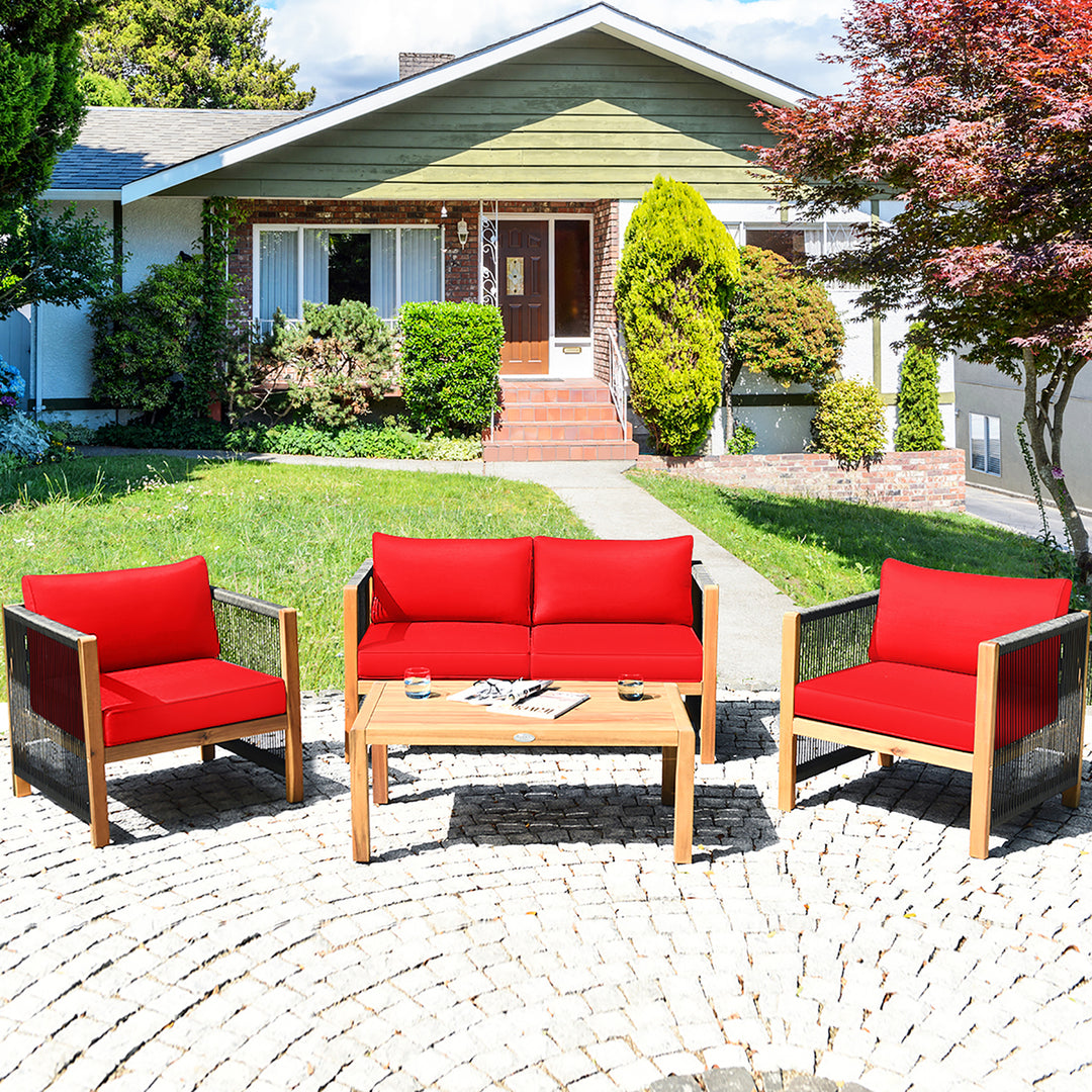 Costway 4PCS Wooden Patio Furniture Set Cushioned Sofa W/Rope Armrest White\Turquoise\Red Image 1