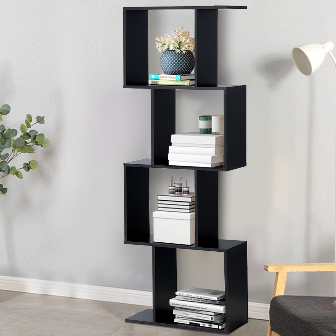 2/3/4-tier S-Shaped Bookcase Free Standing Storage Rack Wooden Display Decor Black Image 3