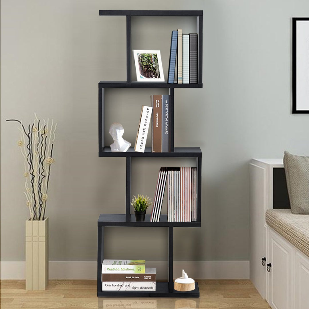 2/3/4-tier S-Shaped Bookcase Free Standing Storage Rack Wooden Display Decor Black Image 4